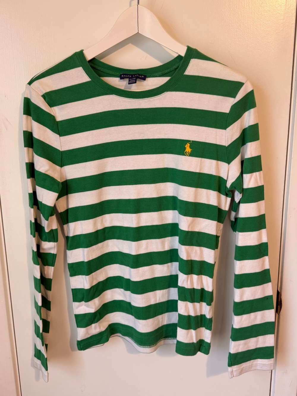 Ralph Lauren Green and White Striped Long-Sleeve Crew Shirt with Yellow Pony